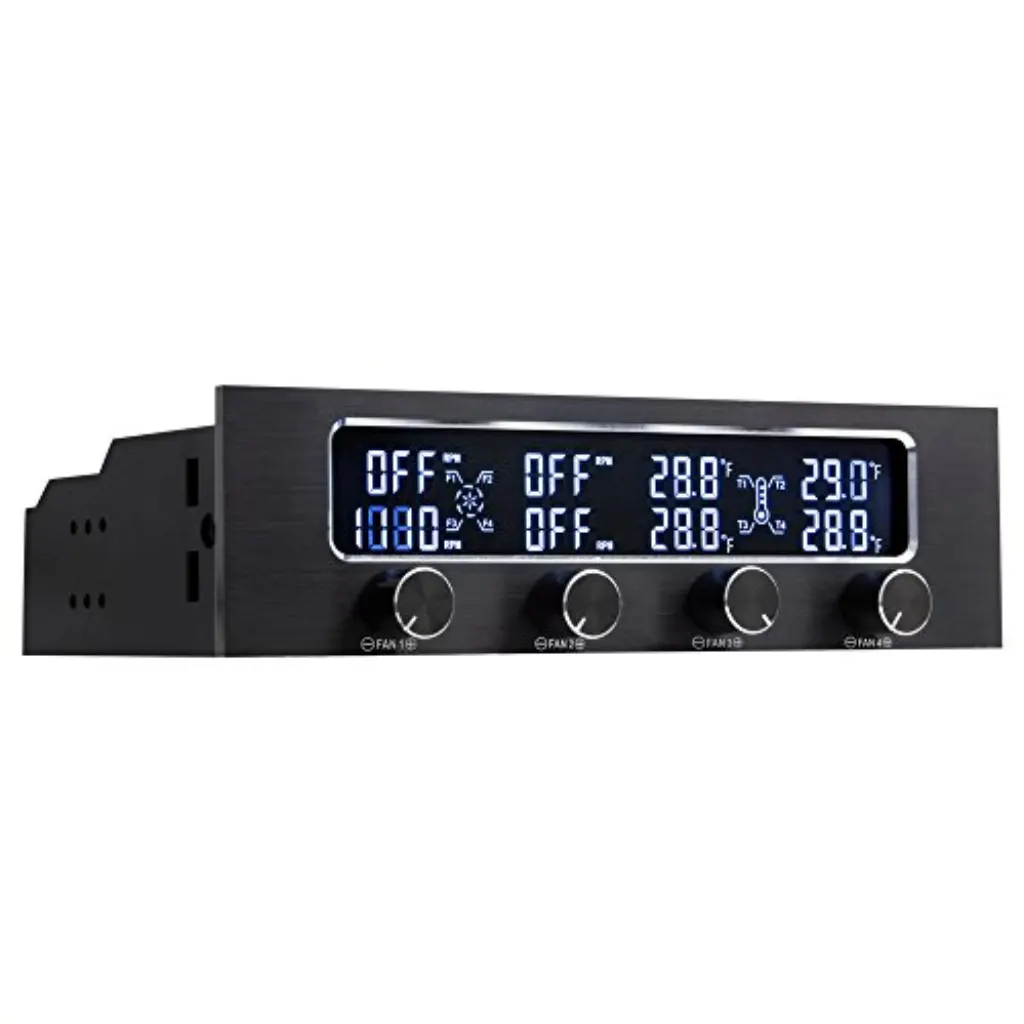 Panneau de commande de ventilateur Kingwin Performance 4 canaux avec grand écran LCD, commande de bouton rotatif, moniteur de température, alarme de surchauffe et affichage de la vitesse de rotation du ventilateur. Convient aux baies de 5,25 pouces et au contrôle aisé des ventilateurs de votre ordinateur