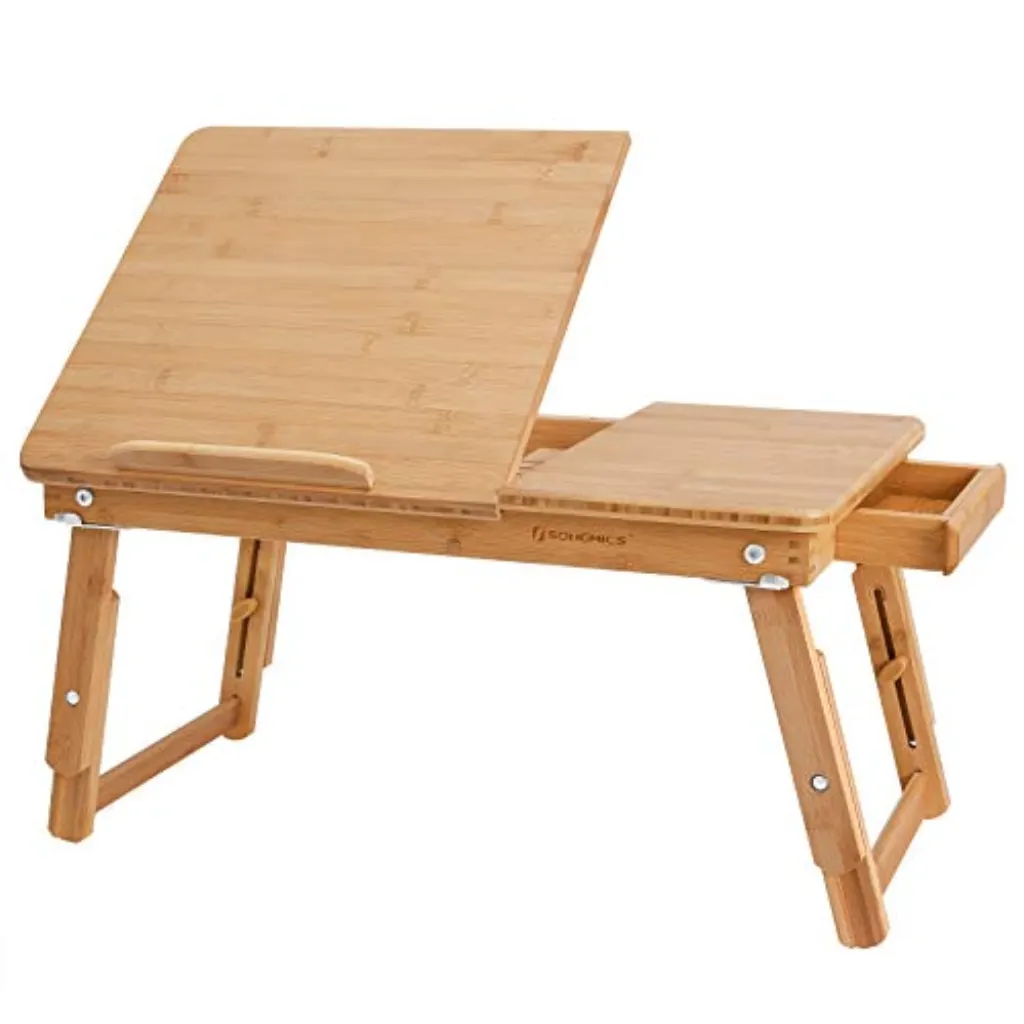 SONGMICS Bureau d'ordinateur portable pour canapé-lit avec plateau inclinable, plateau de petit-déjeuner avec pieds repliables, table multifonction, bureau au sol, 100% bambou Nature ULLD01N